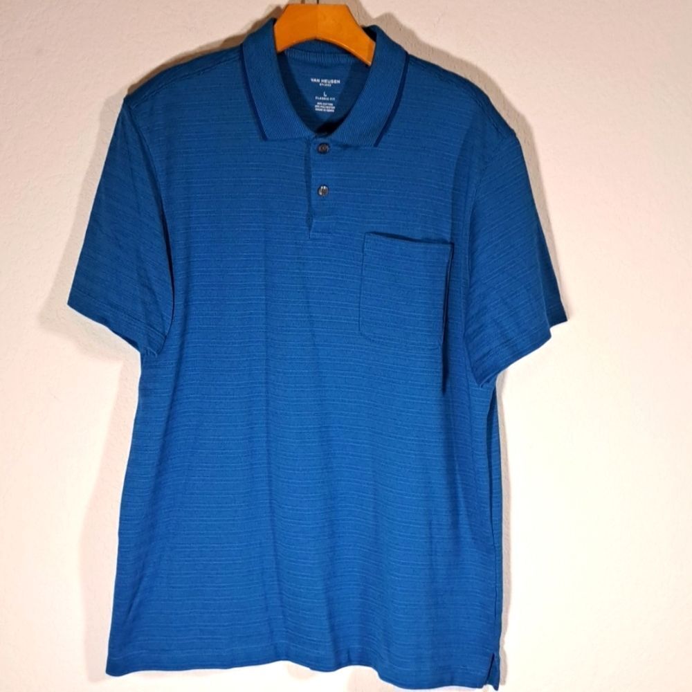 Van Heusen Men’s Shirt Large Polo Blue Classic Fit Golf Flex Cotton Blend Collar